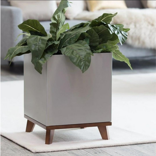 SKU-23 Fiberglass Square Modern Planter Texture Finish With Wooden Rest